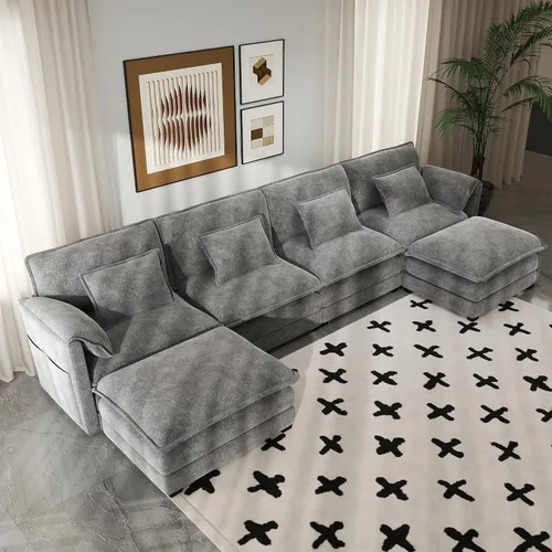 Miniatura 13 de Real Relax 145'' Sofá seccional modular, sofá convertible de 4 plazas con chenilla, 8 almohadas y 2 reposabrazos para sala de estar, oficina