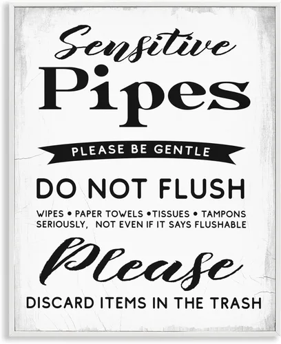 Stupell Industries Cartel de restricciones de descarga de tubos de inodoro sensibles, diseño de Daphne Polselli, arte de pared enmarcado en blanco,