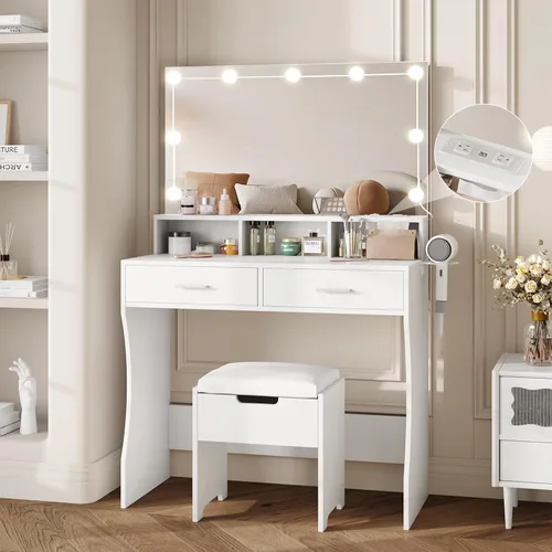 Vabches - Escritorio de tocador con espejo y luces, tocador para maquillaje con silla de almacenamiento y cajones, 9 bombillas Hollywood y 3 modos