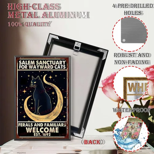 Miniatura 3 de Letrero de metal de hojalata Salem Sanctuary para gatos Wayward Ferals and Familiars, letrero de metal de hojalata para hombre, decoración de pub, 8