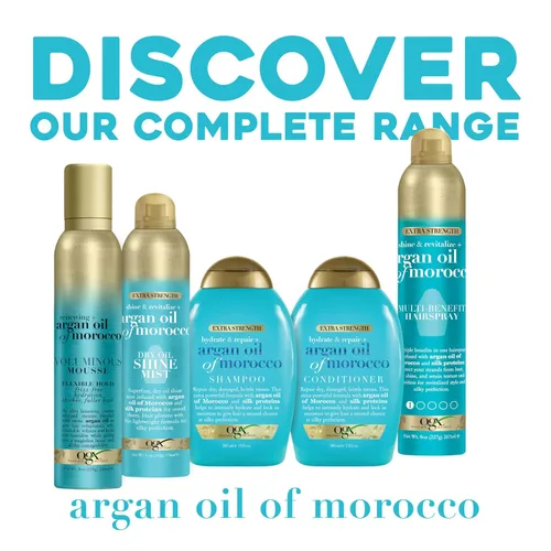 Miniatura 6 de OGX Acondicionador extra fuerte para hidratar y reparar + aceite de argán de Marruecos para cabello seco y dañado, aceite de argán prensado en frío