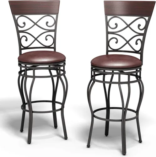 HAPPYGRILL Juego de 2 taburetes de bar para patio, giratorios de 360 grados con asiento acolchado de cuero y respaldo para comedor de bistró, sillas