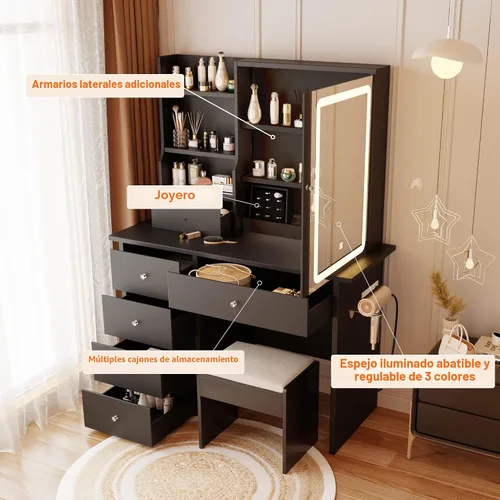 Miniatura 2 de Escritorio de tocador con espejo y luces LED, juego de tocador de maquillaje con toma de corriente y taburete, almacenamiento de joyas, escritorio