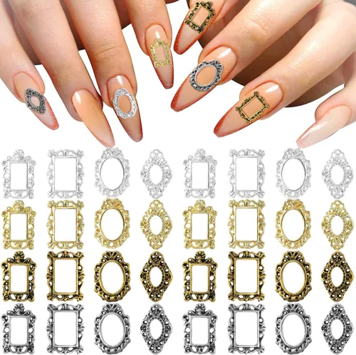 CHANZET 80 dijes de uñas de metal 3D, marco gótico para arte de uñas, joyas de uñas retro doradas y plateadas, decoración de uñas para mujeres y