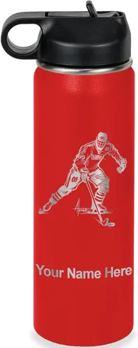 Miniatura 34 de LaserGram Botella de agua personalizada, jugador de hockey, acero inoxidable de doble pared aislada al vacío con popote superior, regalo grabado