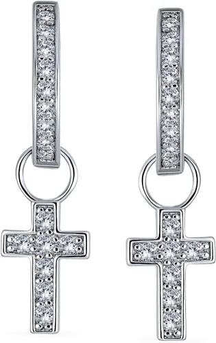 Miniatura 2 de Pendientes de aro con circonita cúbica, diseño de cruz y comunión con diseño de Kpop Huggie, con circonitas cúbicas extraíbles, 2 en 1, chapados