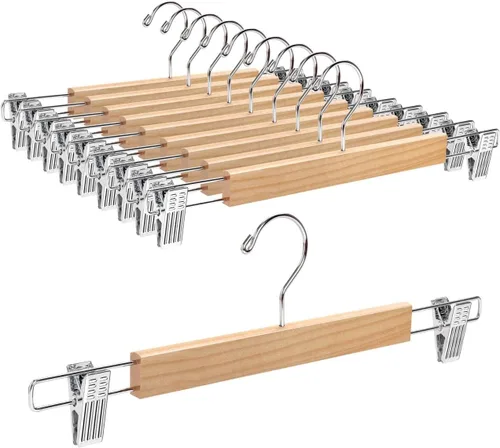 Miniatura 8 de Amber Home Paquete de 10 perchas de madera de color blanco sólido de 14.17 pulgadas para pantalones, pantalones y jeans con 2 clips ajustables