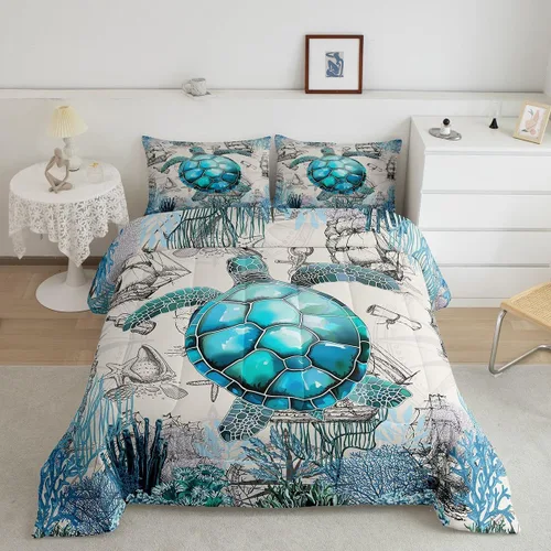 Miniatura 9 de Juego de edredón de tortuga marina para niños, tamaño individual, juego de ropa de cama con brújula náutica del océano, juego de edredón retro