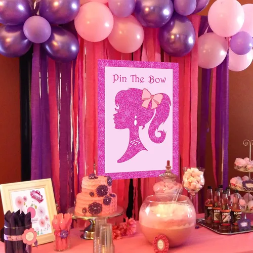Miniatura 2 de Decoración de suministros de fiesta de niña rosa, linda princesa con lazo en la cabeza, póster grande con 24 calcomanías de lazo para fiestas