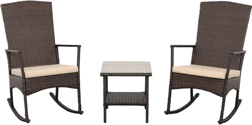Mecedora de mimbre de polietileno para exteriores, juego de 3 piezas, 2 sillones mecedores, mesa auxiliar de café, muebles lavables con cordones y