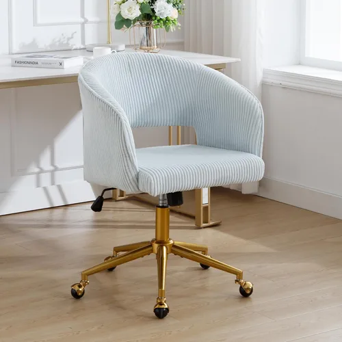 Miniatura 11 de ABET Silla de escritorio con ruedas, silla de terciopelo para oficina en casa, sillón giratorio con base dorada, sillas decorativas modernas Crema