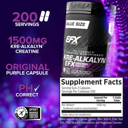 Miniatura 4 de EFX Sports Kre-Alkalyn EFX Suplemento de píldora de monohidrato de creatina con pH correcto Fuerza, crecimiento muscular y rendimiento 200