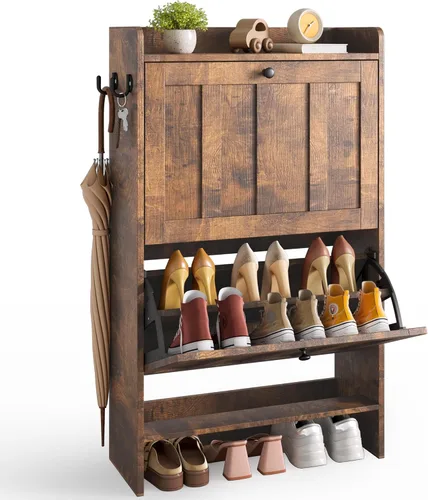 Miniatura 10 de Gizoon Gabinete para zapatos con almacenamiento abierto, gabinete para zapatos para entrada, estante estrecho independiente con 2 cajones abatibles