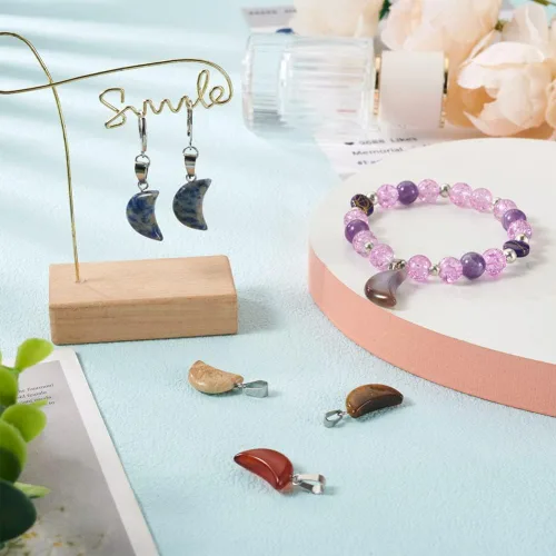 Miniatura 5 de FASHEWELRY 48 colgantes de piedra en forma de luna, 12 estilos mezclados de piedras preciosas naturales, dijes de cristal curativo para hacer joyas