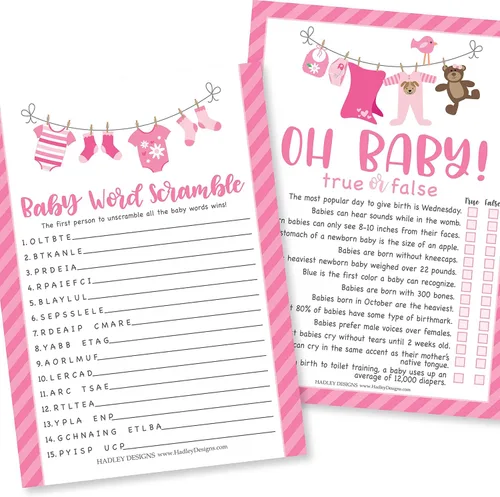Hadley Designs Juegos de baby shower para 25 invitados, juego de baby shower rosa para niña, juego de baby shower, juego de baby shower verdadero o