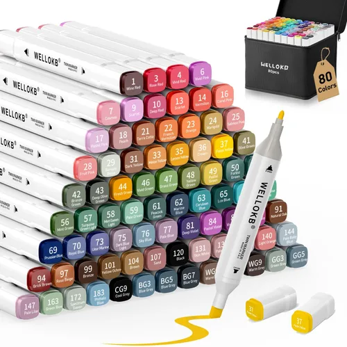 WELLOKB Marcadores de alcohol, 80 colores dobles de colores artísticos para libro de colorear, pintura, dibujo, a base de alcohol con estuche de