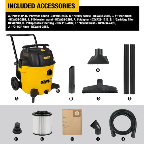 Miniatura 9 de DEWALT DXV14P Aspiradora para tienda en húmedo y seco de 14 galones, aspiradora en húmedo y seco de 6 HP con 110 CFM de potente succión, amarilla