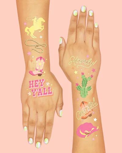 Miniatura 4 de xo, Fetti Tatuajes temporales de vaquera – 50 estilos de lámina dorada Decoraciones de fiesta de cumpleaños, accesorio de vaquera Giddy Up