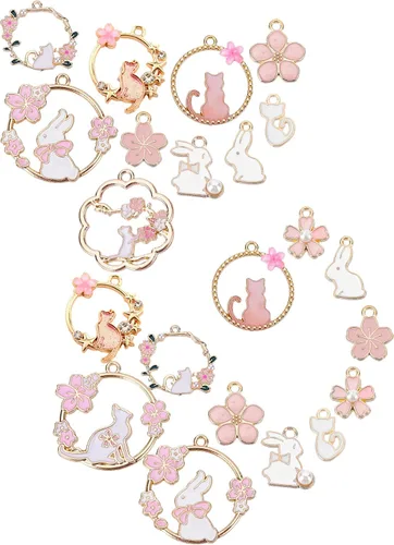 Miniatura 12 de SUNNYCLUE 1 caja de 16 piezas de 8 estilos esmaltados de flores, gato, Pascua, vacaciones, conejo, dijes de aleación de flores de esmalte a granel