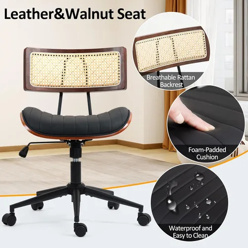 Miniatura 5 de Silla de oficina para el hogar Newnno con ruedas, silla de escritorio de altura ajustable con respaldo de ratán, silla de ordenador giratoria