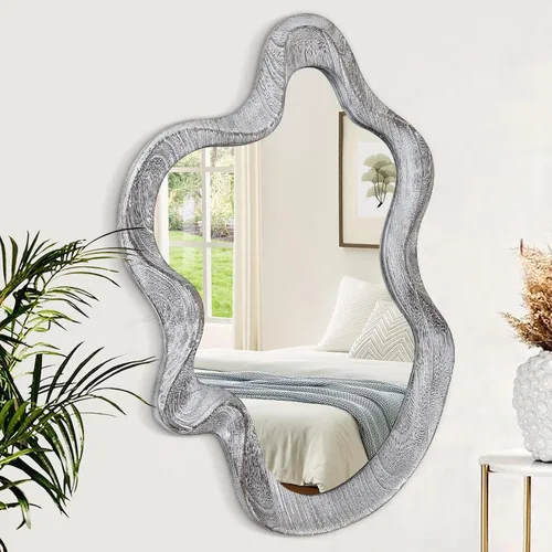 Miniatura 16 de Espejo asimétrico para decoración de pared, grande, moderno, ondulado, con marco de madera, espejo de pared con forma única montado en pared