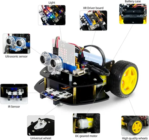 Miniatura 7 de Microbit - Kit de coche robot 2WD para Micro:bit V2 y V1.5 (no contenido), coche de codificación gráfica de código de imagen con sensor ultrasónico