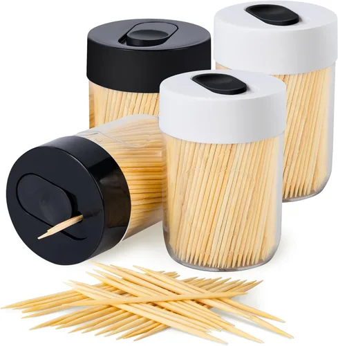 Miniatura 12 de Urbanstrive Soporte para palillos de dientes resistente y seguro con 1600 palillos de madera natural para limpieza dental, decoración única de Negro