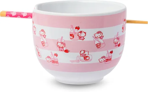 Silver Buffalo Sanrio Hello Kitty Tazón de Cerámica para Fideos Ramen y Arroz con Patrón de Leche de Fresa, con Palillos, Apto para Microondas, 20