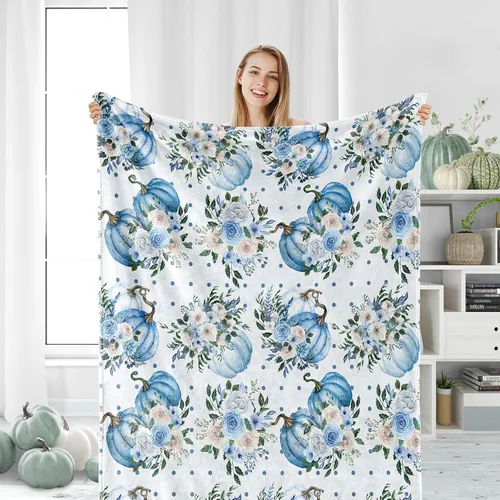JarThenaAMCS Manta mullida de otoño con flores azules, de calabaza, manta de franela suave y acogedora para otoño, Acción de Gracias, hogar, cama,