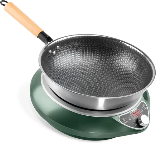 Wok de inducción cóncava de 1700 W 120 V con wok de acero inoxidable, calentamiento continuo sin pulsos, 16 niveles de potencia, quemador portátil