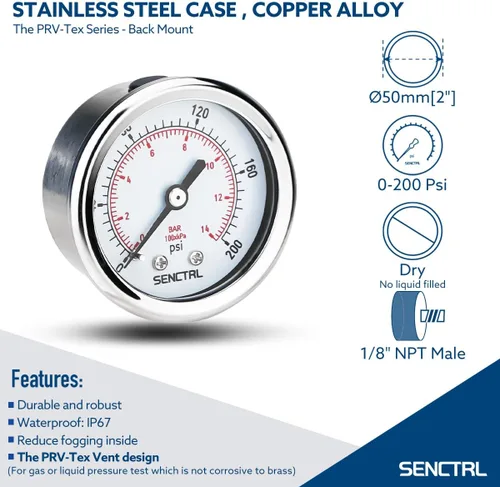 Miniatura 2 de SENCTRL Medidor de presión de 0-200 psi, tamaño de dial de 2", montaje trasero 1/8 NPT, impermeable, caja de acero inoxidable, para regulador