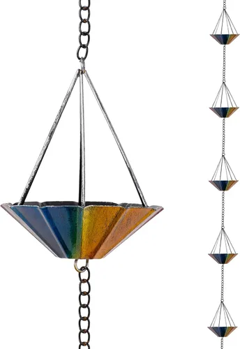 Miniatura 13 de Cadena de lluvia cuadrada, cadenas negras para canalones de 10 pies con 12 copas, cadena captadora de lluvia ajustable con campana para drenaje
