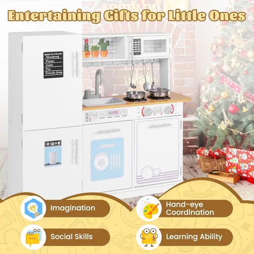 Miniatura 5 de HONEY JOY Juego de cocina para niños, cocina de madera de pequeño chef de simulación con pizarra, gran gabinete de almacenamiento, estufa, grifo