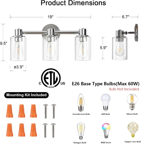 Miniatura 2 de Lámpara de pared de baño de 3 luces cromadas con luces de vidrio transparente sobre espejo, base E26 Cromo