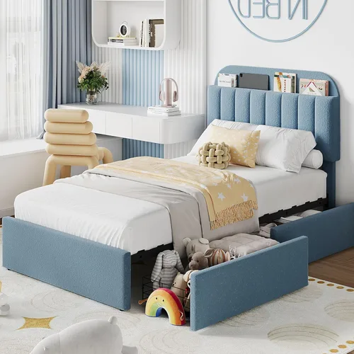 Miniatura 21 de IDEALHOUSE Base de cama individual para niños, cama plataforma tapizada con botones para niños/niñas con 2 cajones flexibles, cabecero tipo