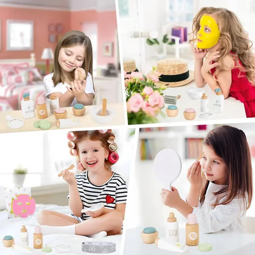 Miniatura 6 de Juego de juguetes de maquillaje de madera, juguetes de simulación de belleza, cuidado de la piel, juguetes preescolares para niños pequeños