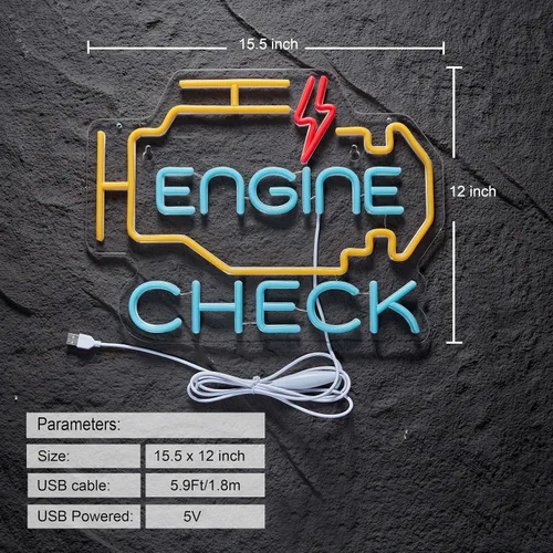 Miniatura 2 de Letrero de neón Check Engine para decoración de pared de garaje, letreros de neón Check Engine para taller de reparación de automóviles con letreros