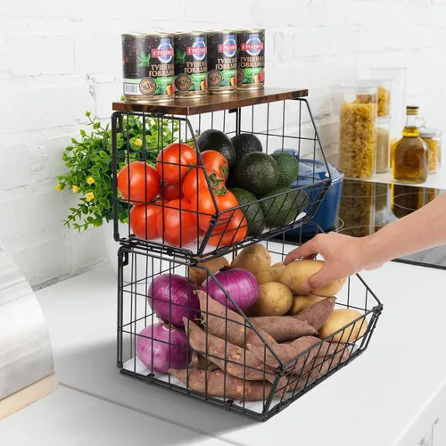 Miniatura 7 de Wawocs Cesta Colgante Apilable de 2 Niveles Montada en Pared, Cesta de Frutas para Encimera de Cocina, Contenedor de Almacenamiento con Tapa de Tapa