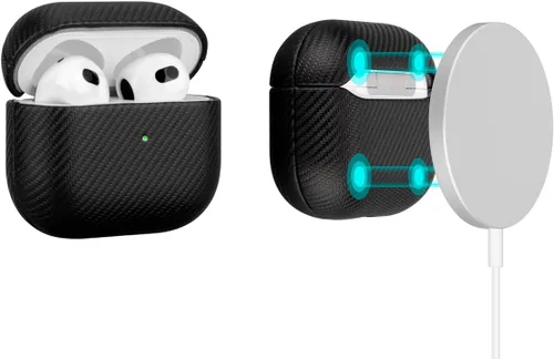 Miniatura 11 de LOPIE Funda compatible con AirPods 3 (lanzado en 2021), funda de cuero vegano estilo fibra de carbono con kit de clip y limpiador, funda protectora