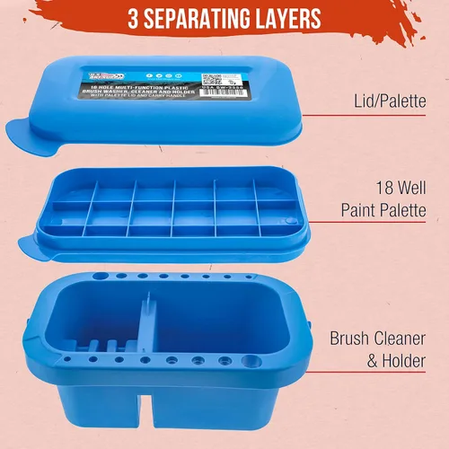 Miniatura 3 de U.S. Art Supply - Limpiador y soporte de pinceles de plástico de 16 orificios con tapa que sirve de paleta para pinturas acrílicas, acuarela y al