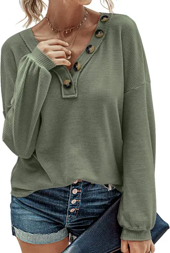 BTFBM - Blusa de punto gofre para mujer, con cuello en V, de manga larga, informal, corte suelto, de color liso, con botones decorativos y ligera