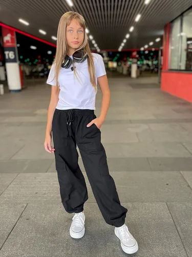 Miniatura 2 de Pantalones cargo para niñas, cintura elástica, pantalones casuales para niñas, ropa de calle, paracaídas sueltos con bolsillos, de 7 a 14 años