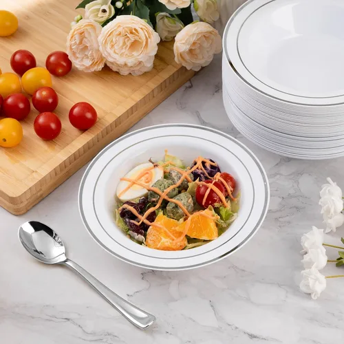 Miniatura 3 de Goodluck Paquete de 50 cuencos de plástico con borde plateado, cuencos de sopa desechables de 12 onzas para bodas, fiestas, cenas, catering y uso