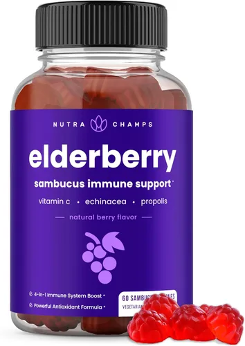 NutraChamps Gomitas de saúco con vitamina C, propóleo y equinácea, vitaminas gomosas de apoyo del sistema inmunológico para adultos y niños, fuerza