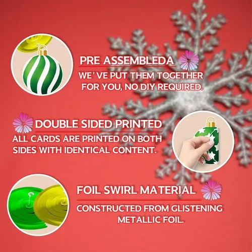 Miniatura 5 de YQUQWN 48 piezas de adornos colgantes de Navidad en espiral - Bolas de alce con copos de nieve en rojo, verde y dorado para fiestas navideñas, árbol