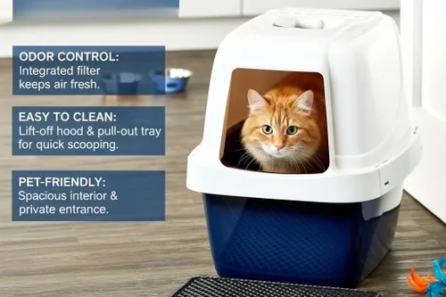 Miniatura 4 de Caja de arena grande con capucha para gatos, bandeja de arena cerrada extragrande con bandeja de tamiz integrada para múltiples gatos, azul y blanco