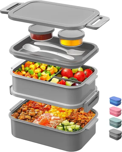 Miniatura 9 de DaCool Lonchera Bento para adultos, caja Bento de 74 onzas, contenedor apilable todo en uno para adultos, caja Bento grande con tenedor, cuchara