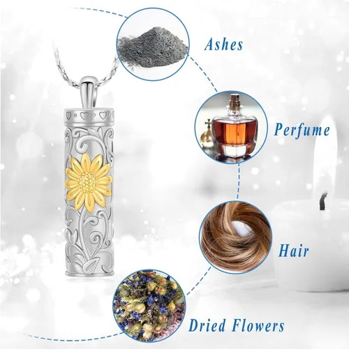 Miniatura 10 de Collar de urna de girasol para cenizas, collar de barra cilíndrica para cenizas para mujer, colgante de recuerdo para cenizas, joyería de cremación