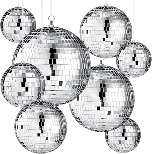 Miniatura 9 de Conjunto de 8 bolas de discoteca grandes de Haull, bolas de espejo plateadas reflectantes con anillo para colgar, ornamento de fiesta, decoración