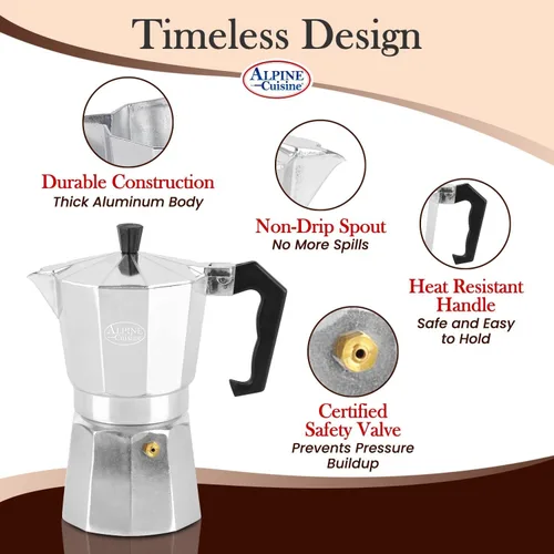 Miniatura 4 de Alpine Cuisine Cafetera de café expreso de 9.7 onzas, 6 tazas de café expreso para cafetera clásica italiana y cubana, olla moka de aluminio, hace